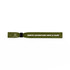 A green wristband with a logo and text detailing an adventure hiking and camping theme.