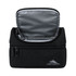 A black insulated lunch bag with a zippered opening and grey interior, featuring a logo on the front.