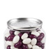 A clear can filled with purple and white jelly beans, topped with a metallic lid featuring a perforated design.