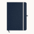 A navy blue A5 notebook with a grey elastic band and a ribbon bookmark. It features a logo on the cover.