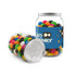 A clear canister filled with assorted jelly beans in vibrant colours, including black, white, green, and orange.