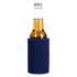 A drink bottle in a navy blue stubby holder, designed to keep beverages cold. The holder features a logo.