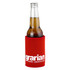 A red stubby holder with a drink bottle inside. It features a logo on the front.