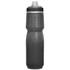 A drink bottle in a grey hue with a black cap, featuring a textured grip and a logo.