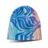 A full-colour beanie featuring vibrant blue and pastel striped designs, with a logo present.