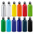 A drink bottle collection featuring 12 colours: silver, white, yellow, orange, red, green, and various shades of blue, with a logo.