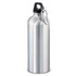 A drink bottle in shiny silver metal with a black lid and carabiner. It has a sleek, minimalist design.