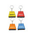 A selection of four ice scrapers in yellow, red, orange, and blue, each attached to a key ring.