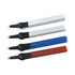 A set of staple removers in silver, white, blue, and red, featuring black handles and a small logo.