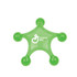 A green massager with a star shape and rounded tips, featuring a logo on the surface.