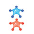 A blue and a red massager, each with rounded nodules, featuring a logo.