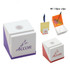 A pen holder with a clip in white and purple, featuring a logo, alongside clips and paper items.