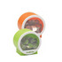 A green and an orange coin bank, both round with transparent sections showing coins inside. Each features a logo.