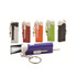 A collection of ball pens with LED lights in various colours, featuring keychain attachments and a branding logo.