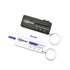 A black and a white tyre gauge, both with measuring scales and attached to a keyring.