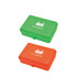 A green and orange three-part lunch box with a logo on the lid. It features a secure closure and compartments.