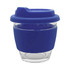 A reusable coffee cup with a clear glass body and blue silicone sleeve and lid. It features a logo on the sleeve.