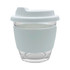 A reusable glass coffee cup in clear and light blue, featuring a silicone sleeve and a fitted lid.
