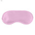 A pink satin sleep eye mask with a smooth surface and curved design. It features a logo on one side.