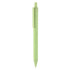 A green eco-friendly plastic pen with a clip and topped with a push-button mechanism. It features a branding logo.