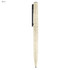 A pen in a cream shade with a textured surface and a black clip, featuring a logo on its side.