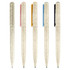 A set of five eco-friendly pens in beige, with colour accents in pink, yellow, blue, and black. Each pen features a logo.