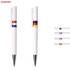 Two plastic pens in white with coloured stripes of red, black, yellow, and green, featuring a clip and shiny silver tips.