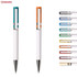 A set of plastic pens in white, featuring turquoise and orange accents, with various ink colours displayed alongside.