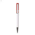 A plastic pen with a white body and red accents, featuring a silver clip and tip, and a logo on the surface.