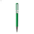 A green plastic pen with a silver clip and a shiny silver tip, featuring a logo.