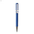 A blue plastic pen with a sleek design and a silver clip, featuring a branding logo.