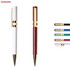 A set of metal pens in white and burgundy, featuring gold accents and a logo. Includes additional pens in various colours.