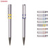 A set of silver plastic pens featuring varying coloured accents, arranged in a row with a logo on the top left.