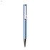 A plastic pen in a light blue colour with a sleek design and chrome accents, featuring a logo.