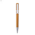 A plastic pen in a gold and silver colour scheme, featuring a sleek design and a visible branding logo.