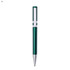 A green plastic pen with silver accents and a clip. It features a logo on the barrel.