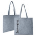 A grey felt tote bag with long handles and a logo on one side.