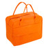 An orange felt travel bag with two handles and a zippered closure. It features a front pocket and a simple design.