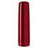 A drink bottle with a sleek, shiny red finish, featuring a simple design and a logo.