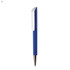 A blue plastic pen with a white cap and a silver nib. It features a logo on the body.