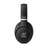 Black headphones with a circular design featuring a logo on one ear cup and a branding label on the headband.