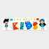 A vibrant sticker featuring playful characters and bold, colourful letters spelling "Creative Kids."