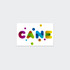 A vibrant sticker featuring the word "CANE" in bright colours, with textured, playful shapes and additional colourful dots.