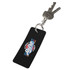 A black rectangle keychain attached to a set of keys, featuring a logo with vibrant colours.