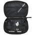 A black tech pouch with multiple compartments, containing cables, earphones, and a pen. It features a brand logo.