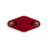A red fidget spinner with two switches and a central button, featuring shiny silver ends and a smooth surface.