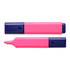 A pink highlighter with a dark blue cap, featuring a logo on the side. The cap is removed to reveal the chisel tip.