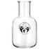 A glass carafe featuring a round body and a narrow neck, accompanied by a cup, both with a logo.