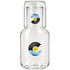 A glass carafe with a matching cup set, featuring blue and yellow wave and sun designs, includes branding.