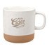 A ceramic coffee mug with a speckled white finish and a brown base, featuring a logo.